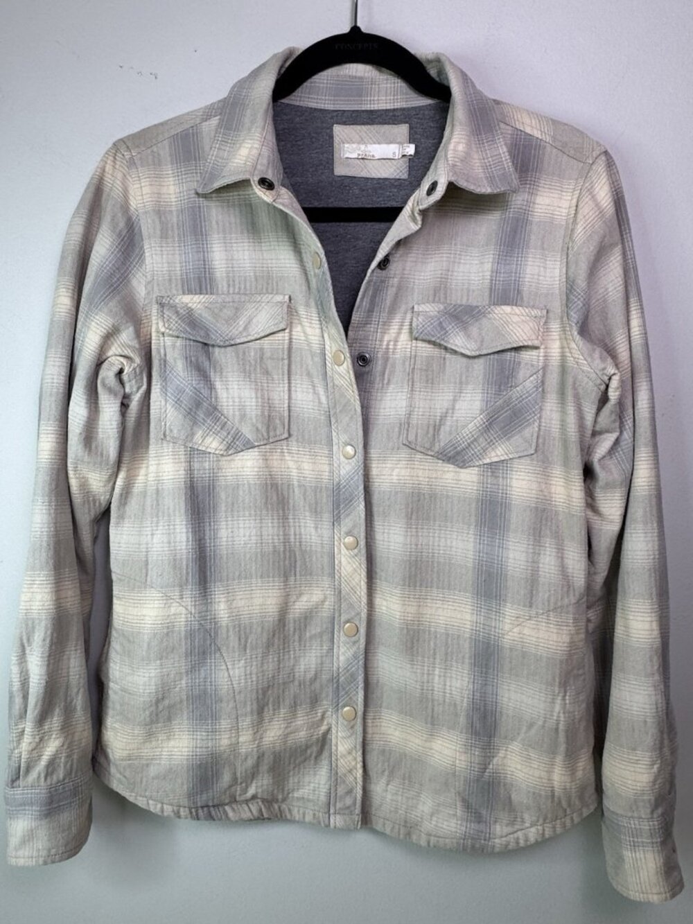 prAna Organic Cotton Plaid Shirt Jacket Women’s Small Gray Snap Shacket Flannel